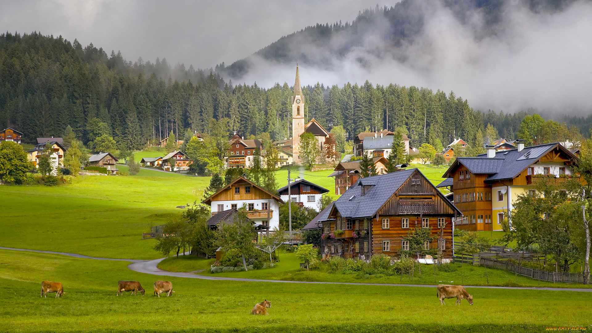 gosau, village, austria, города, пейзажи, дымка, трава, луг, austri, австрия, деревня, архитектура, здание, дерево, дом, церковь, природа, деревья, лес, туман, дорога, животные, корова, идиллия