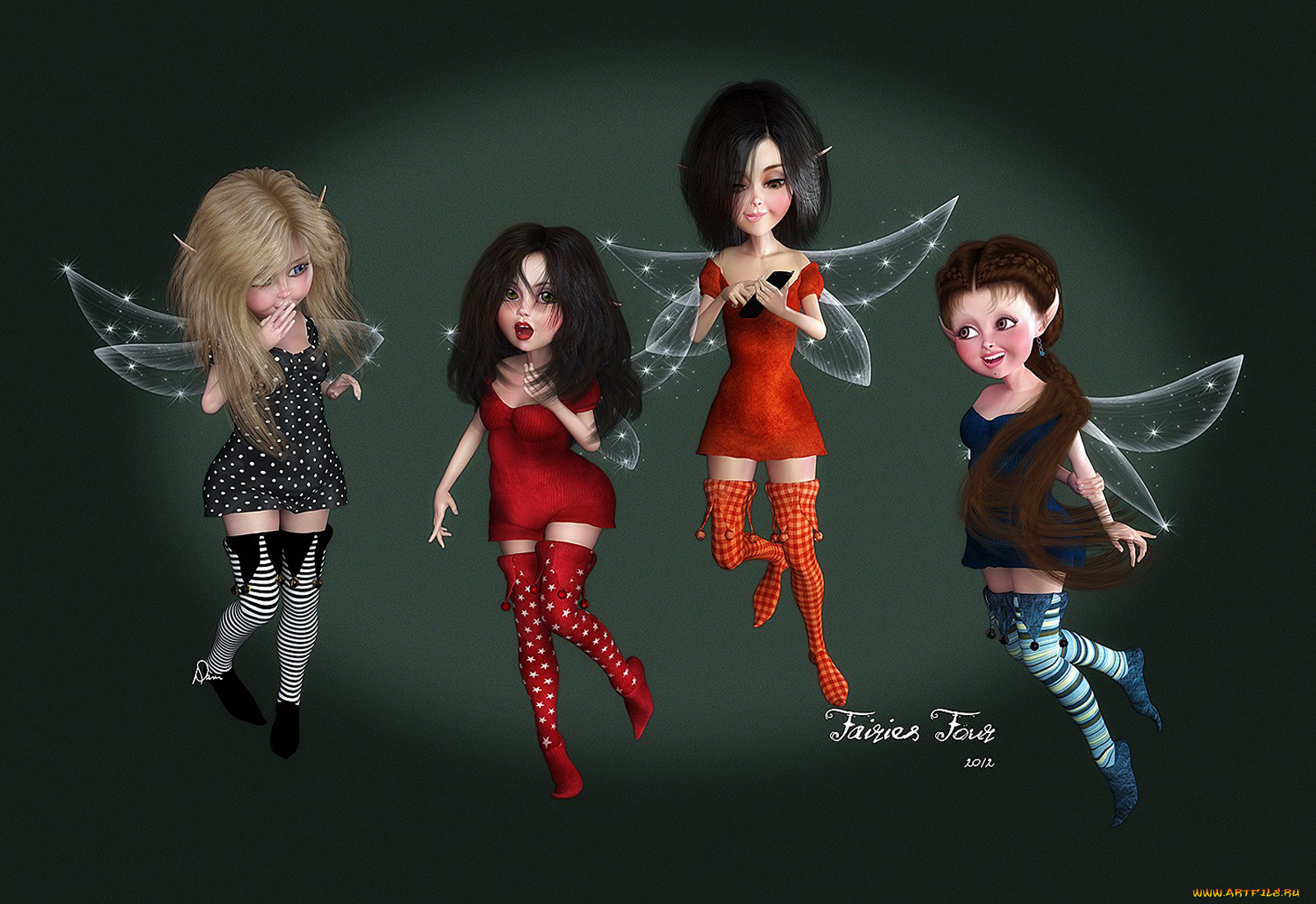 3д, графика, elves, эльфы, fairies, four