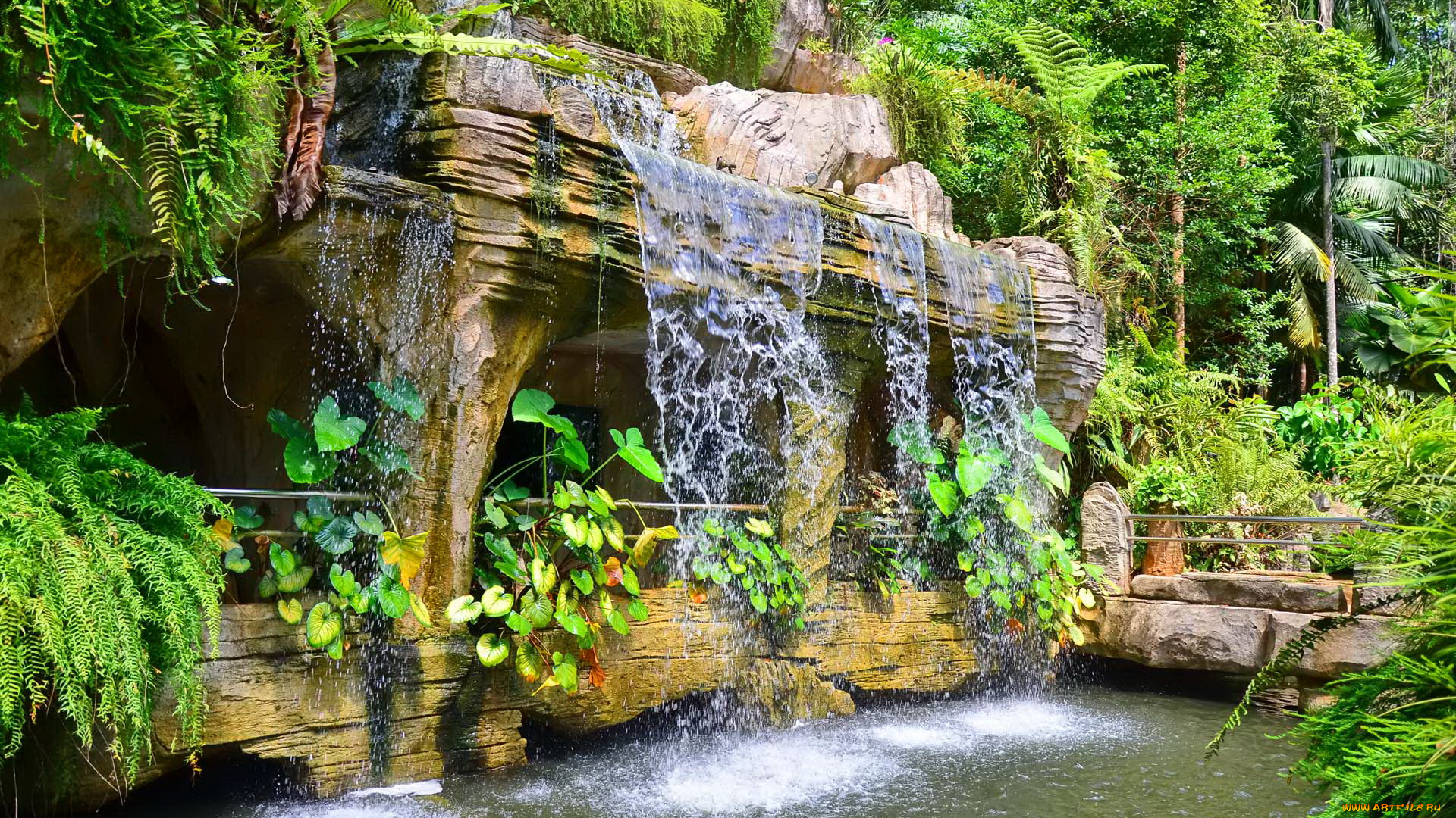 garden, waterfall, природа, водопады, водопад, уступ, парк, заросли, скалы