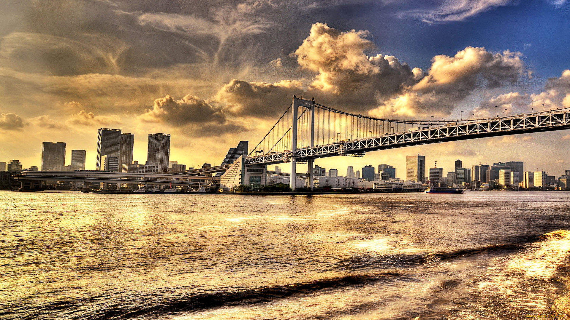 города, токио, Япония, вода, небоскребы, вечер, мост