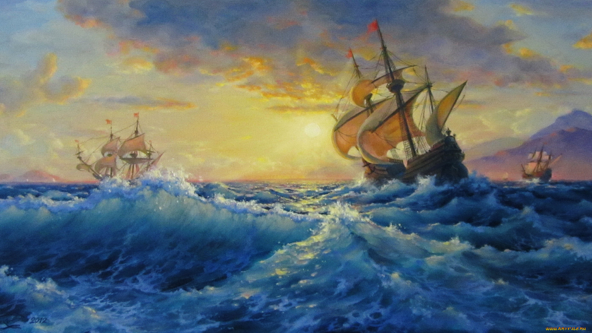 корабли, рисованные, фрегат, море