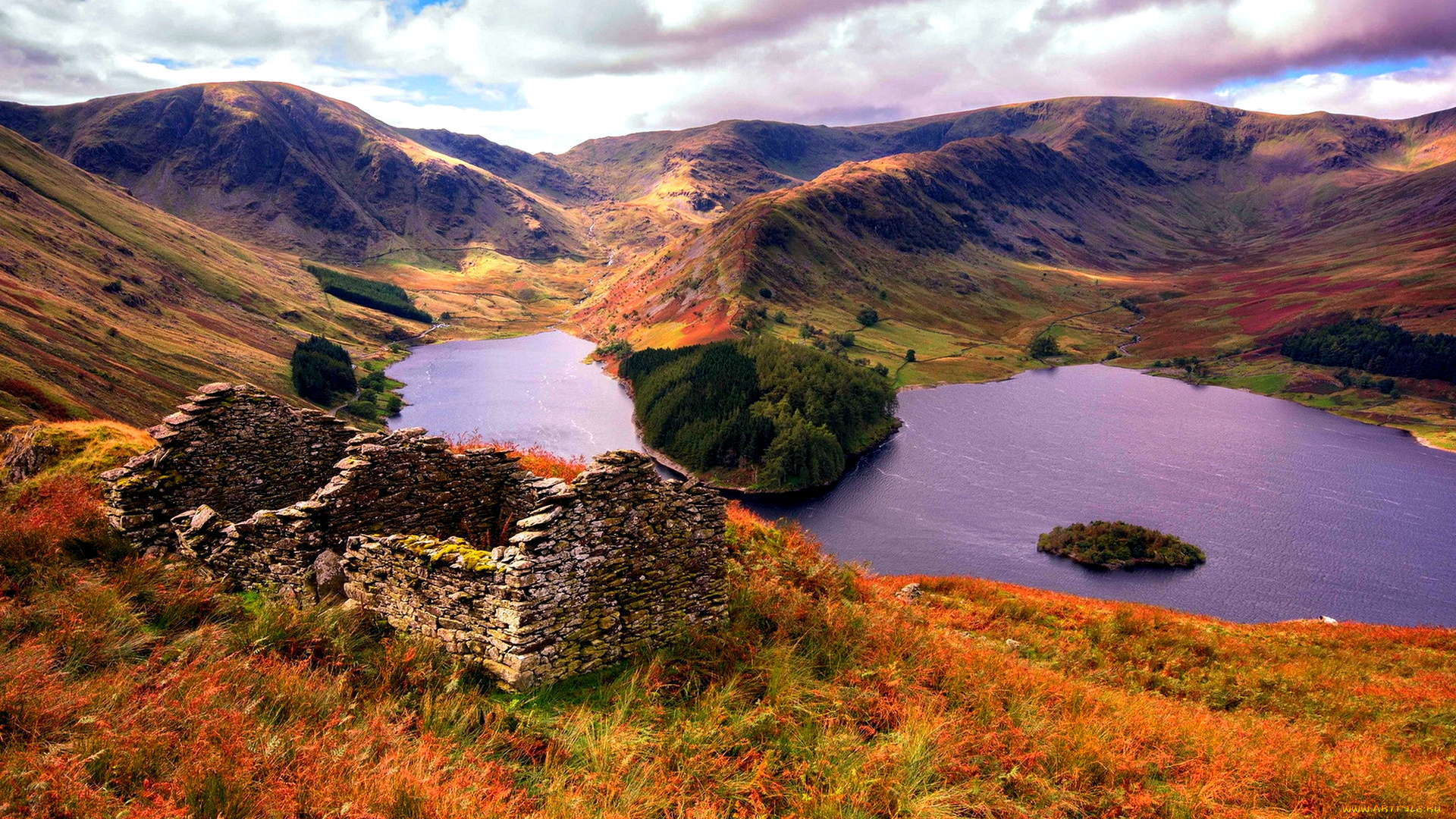 mountain, lake, природа, реки, озера, развалины, лес, горы, озеро, простор, панорама