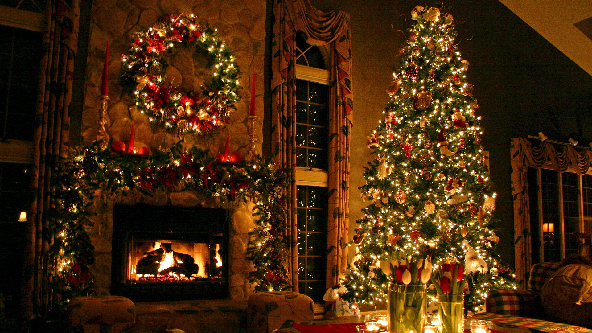 праздничные, новогодний, очаг, камин, ель, украшения, тюльпаны