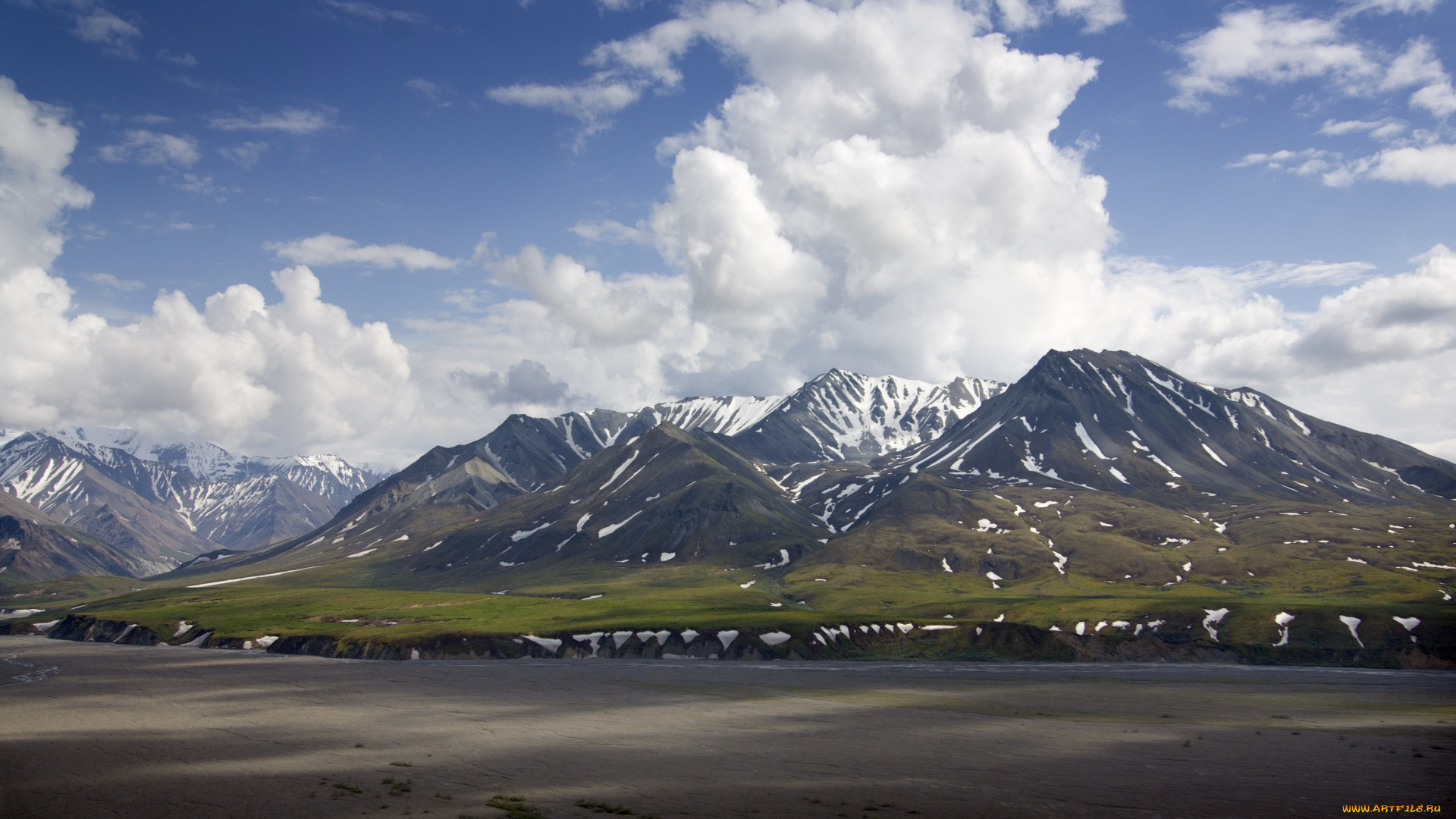 природа, горы, снег, река, облака, гряда, скалы