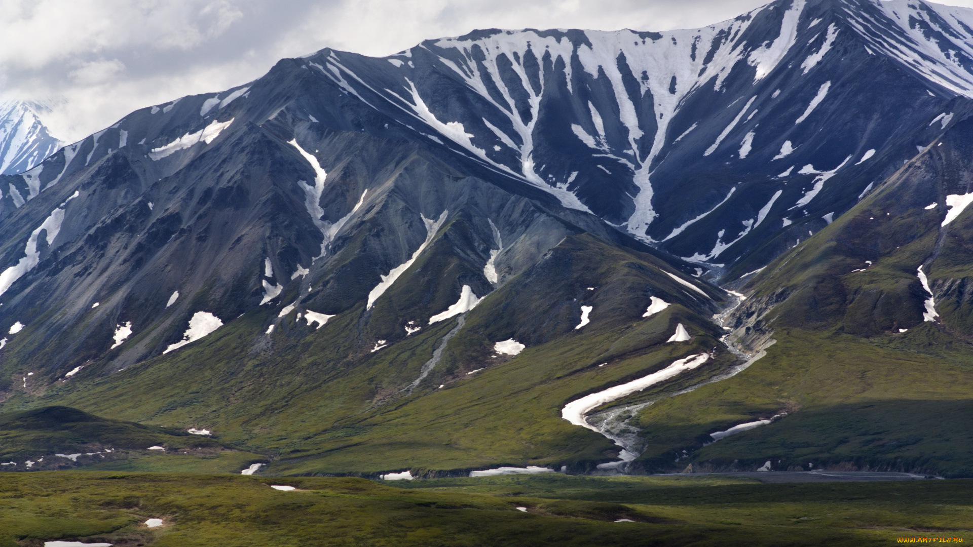 природа, горы, зелень, снег, гряда