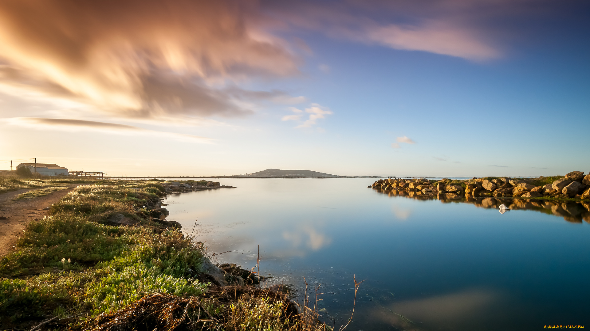 природа, реки, озера, дом, облака, камни, река