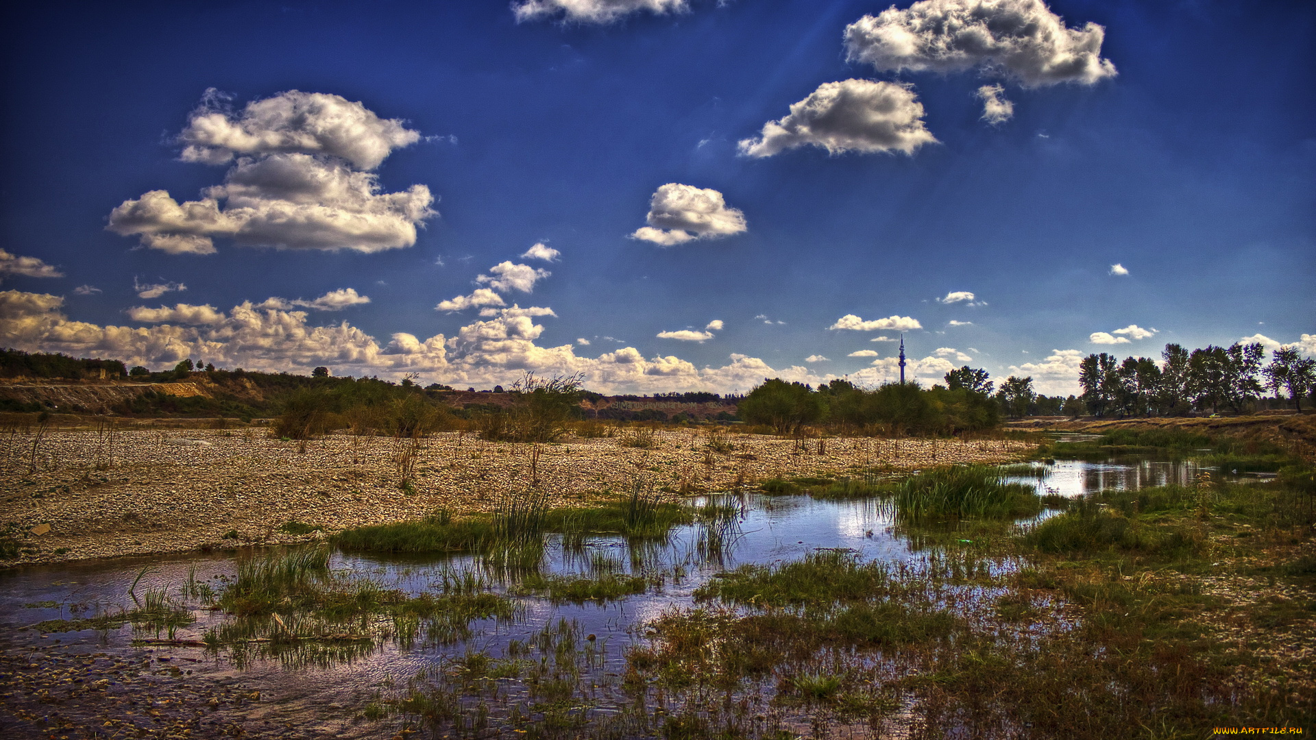 природа, реки, озера, луг, вода, облака