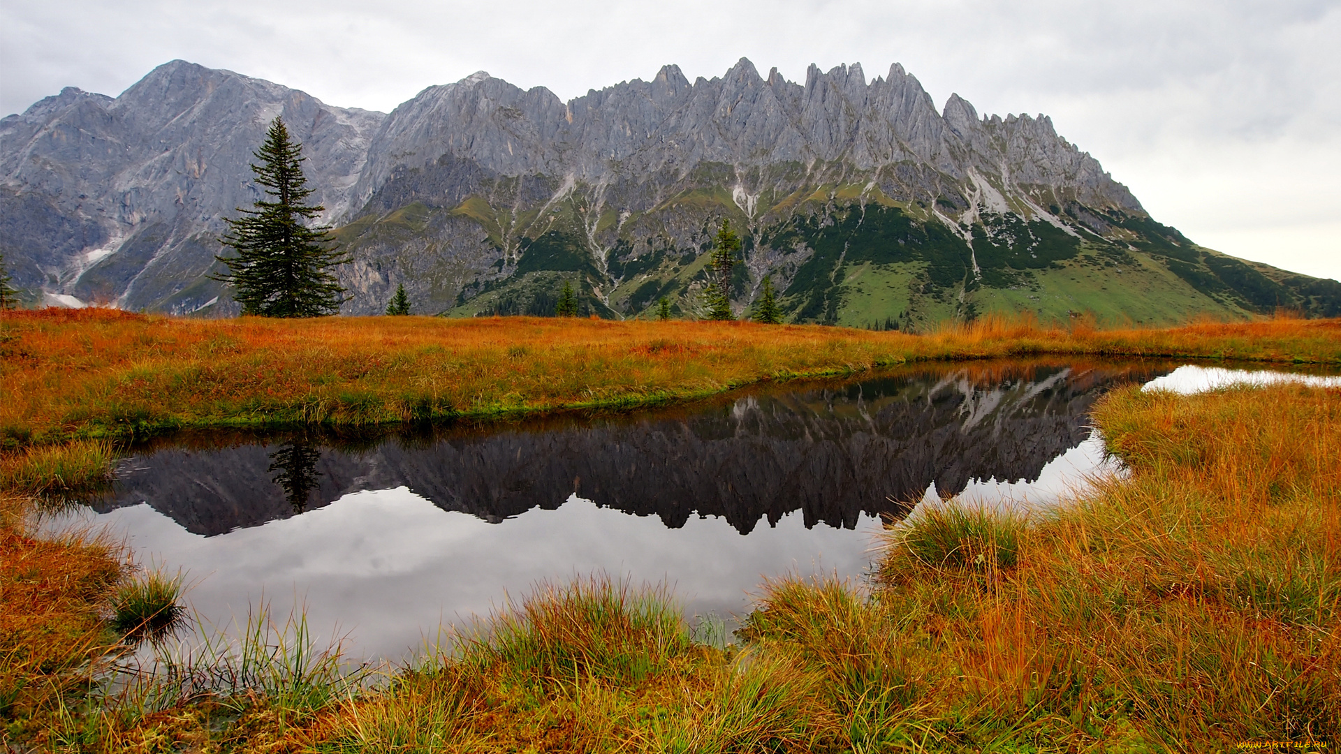 природа, реки, озера, осень, горы, вода, озеро, трава, деревья, ель