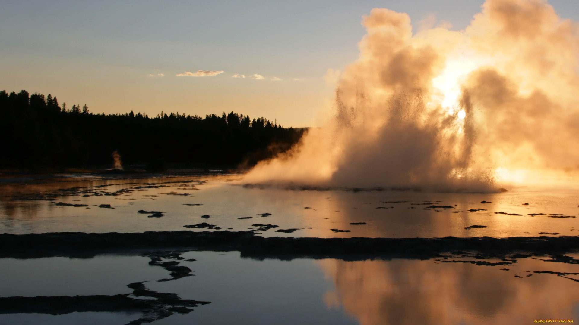 природа, стихия, закат, вода, гейзер, озеро