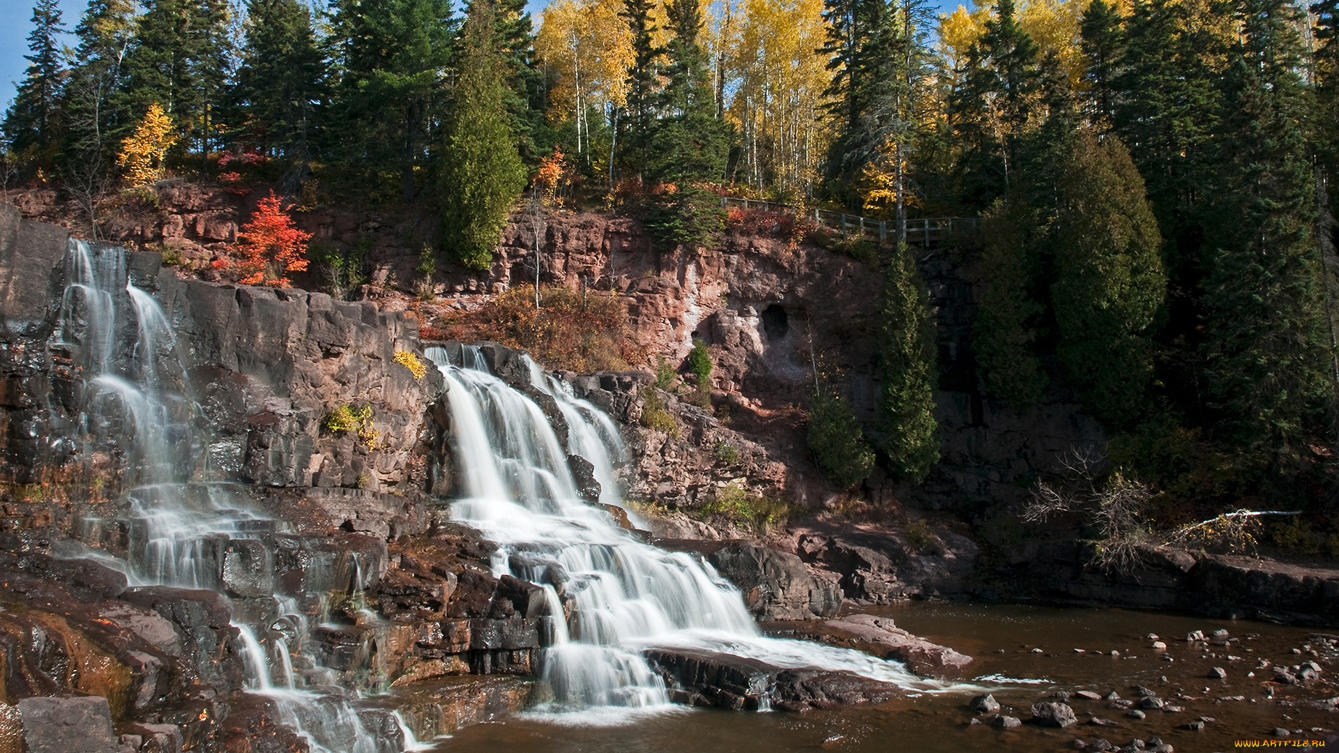 природа, водопады, лес, скала, вода