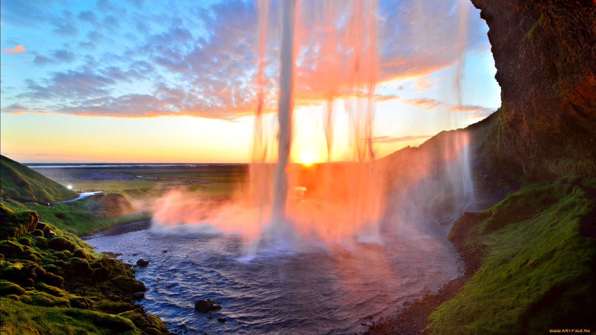 simply, beautiful, природа, водопады, простор, грот, равнина, водопад, облака, seljalandsfoss, iceland, селйяландсфосс, исландия, закат, поток