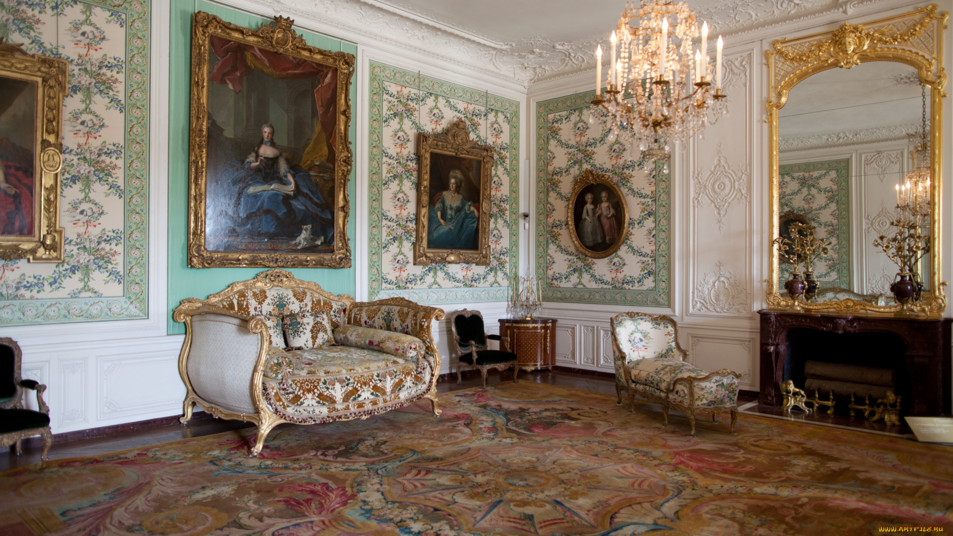 версаль, интерьер, дворцы, музеи, диван, портреты, зеркало, позолота, люстра