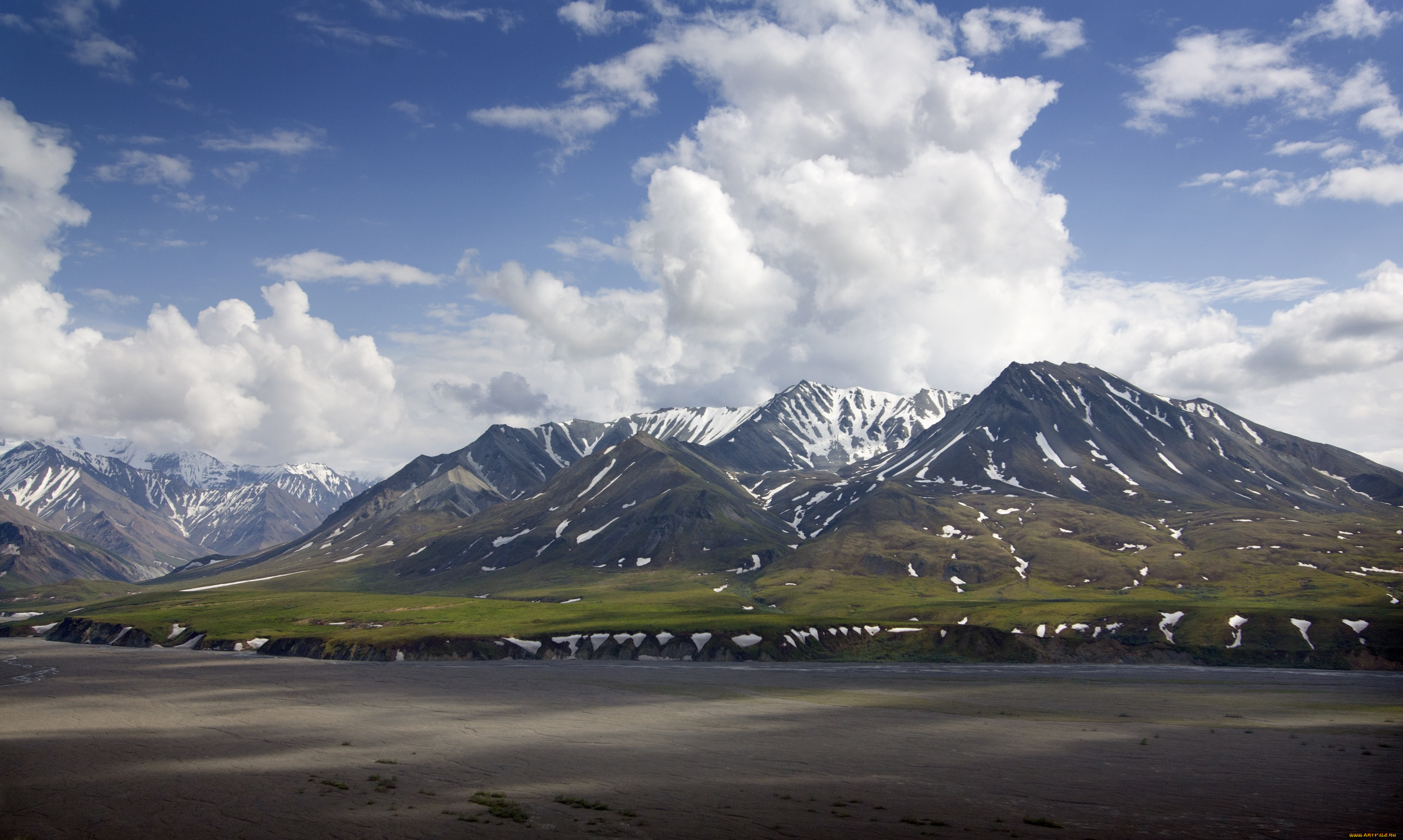 природа, горы, снег, река, облака, гряда, скалы