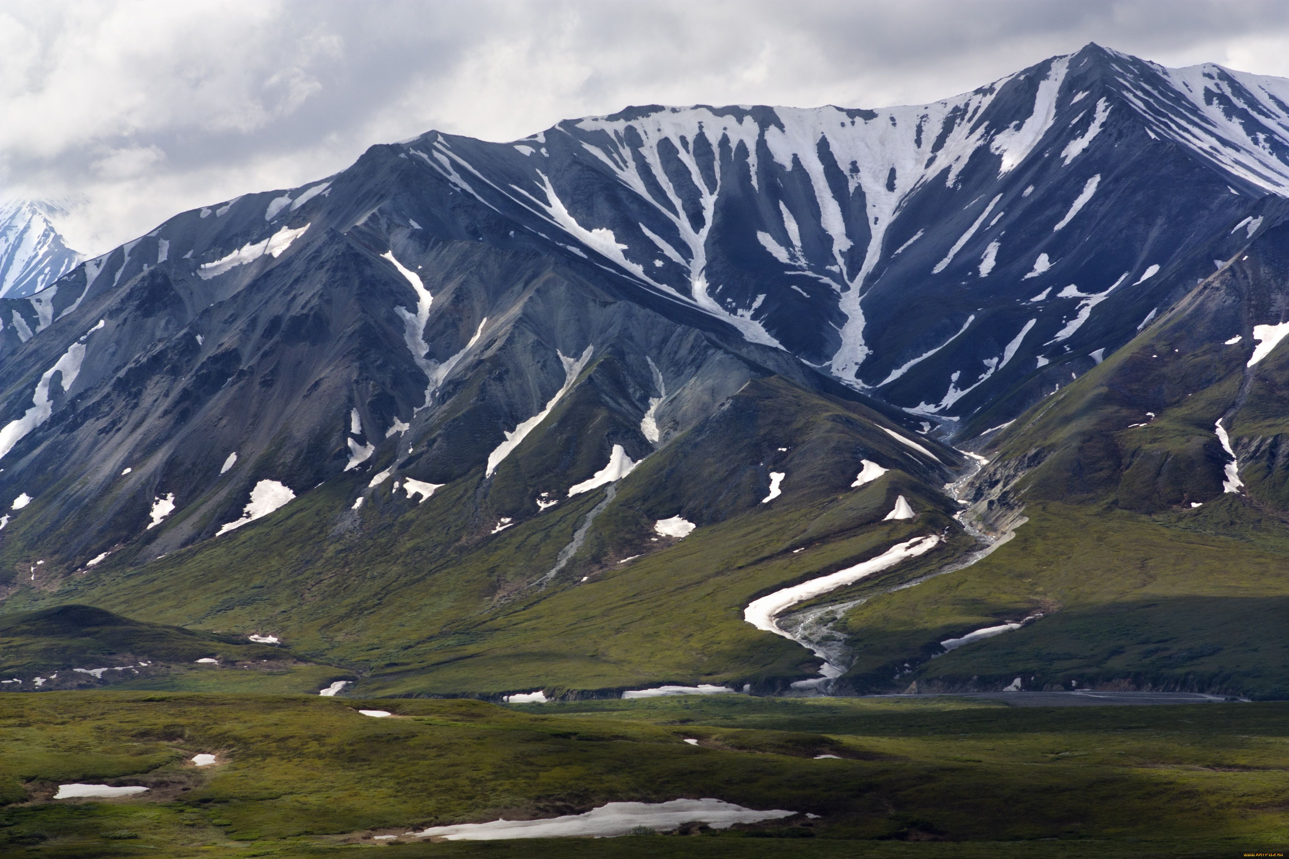 природа, горы, зелень, снег, гряда