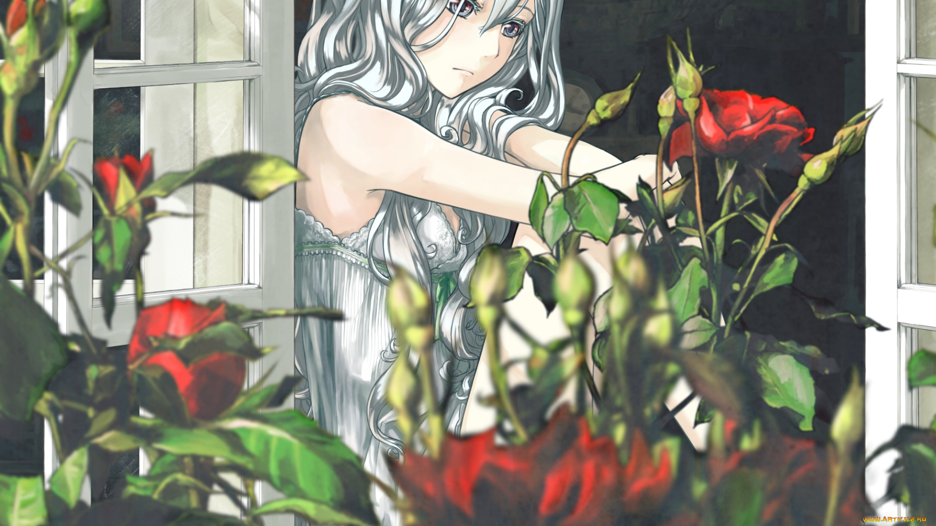 by, unosawa, subaru, аниме, *unknown, другое, девушка, окно, цветы