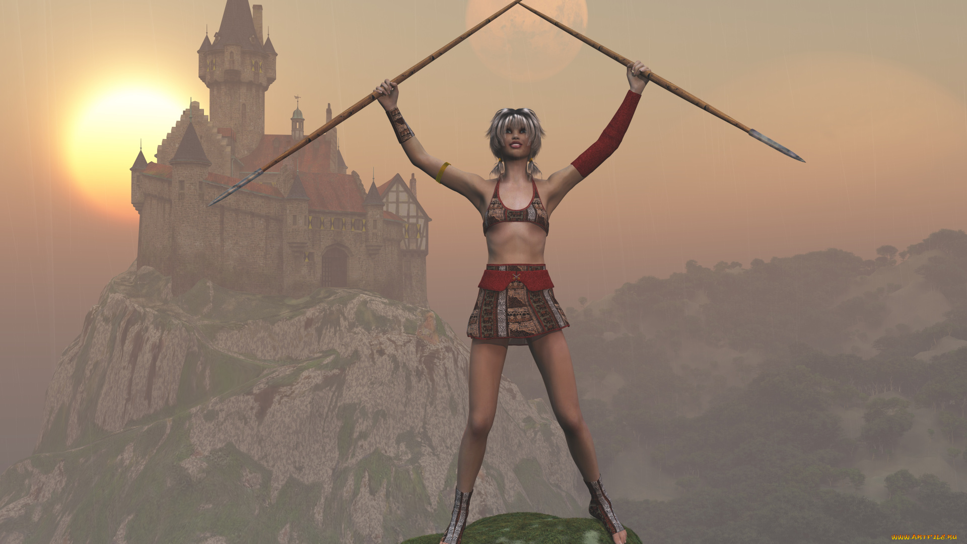 3д, графика, амазонки, , amazon, замок, луна, оружие, взгляд, девушка