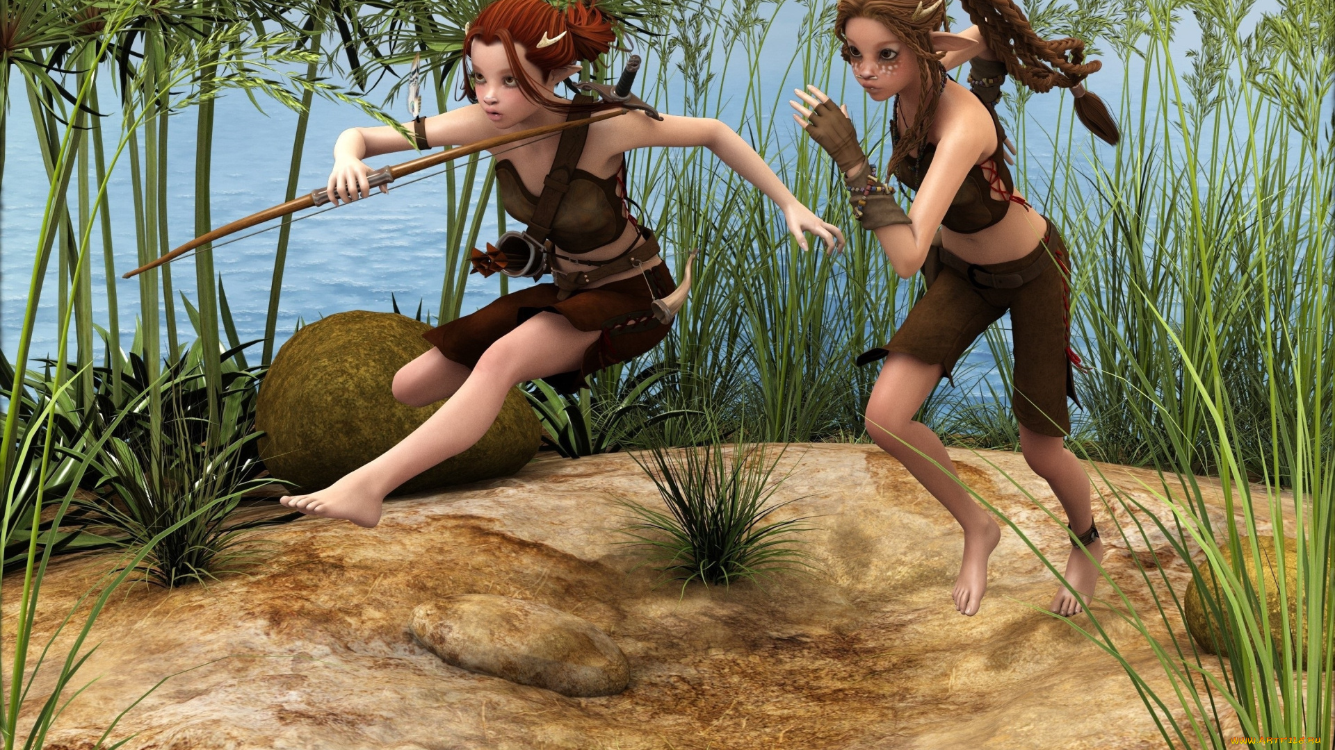 3д, графика, эльфы, , elves, песок, лук, бег, эльфийки, растение