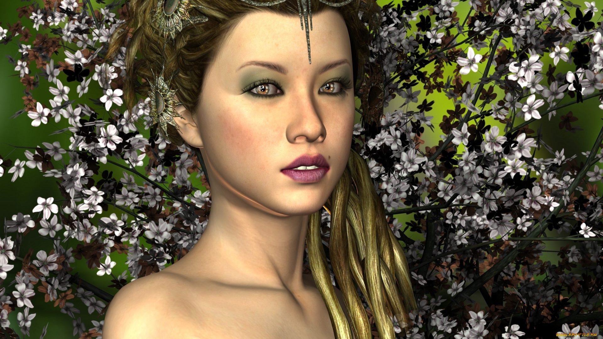 3д, графика, фантазия, , fantasy, цветы, девушка, взгляд
