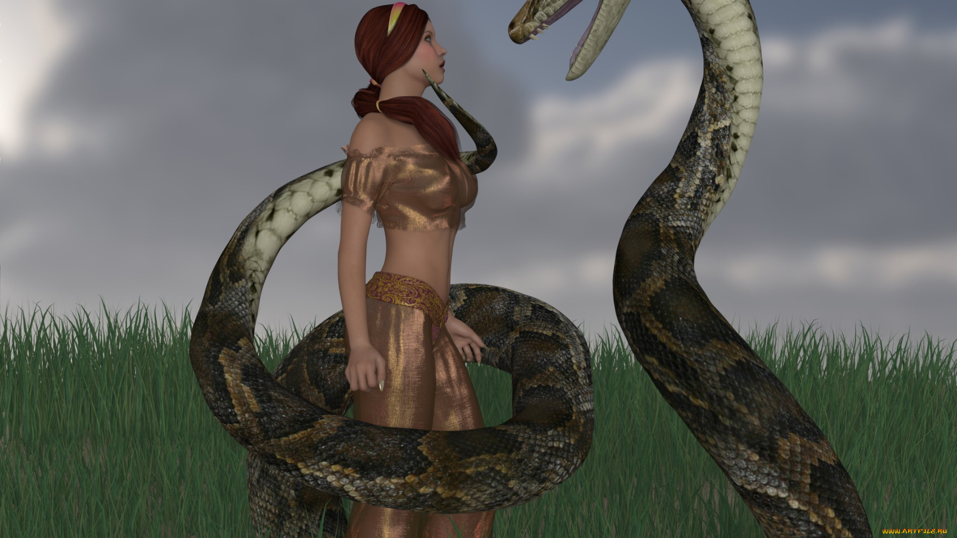 3д, графика, фантазия, , fantasy, девушка, взгляд, трава, змея