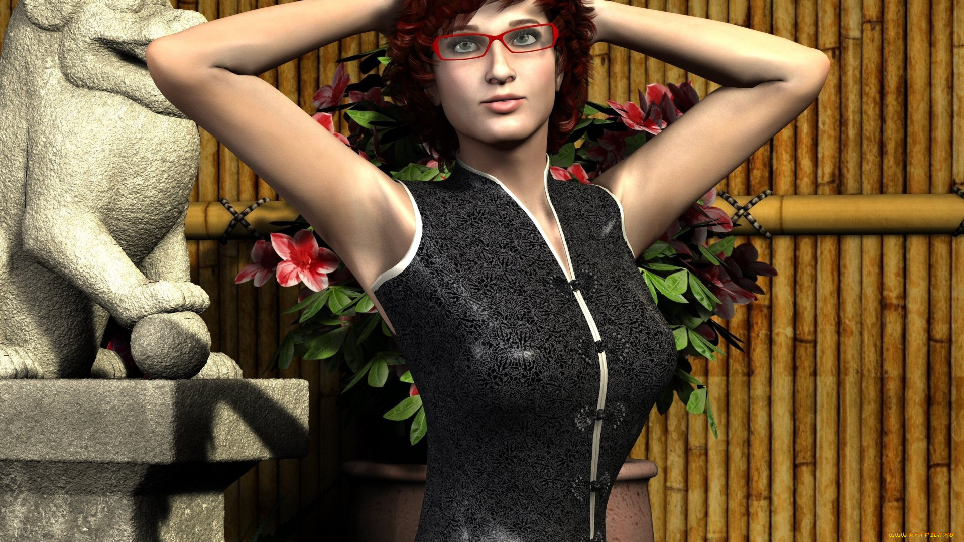 3д, графика, люди, , people, девушка, взгляд, рыжая, цветы, скульптура