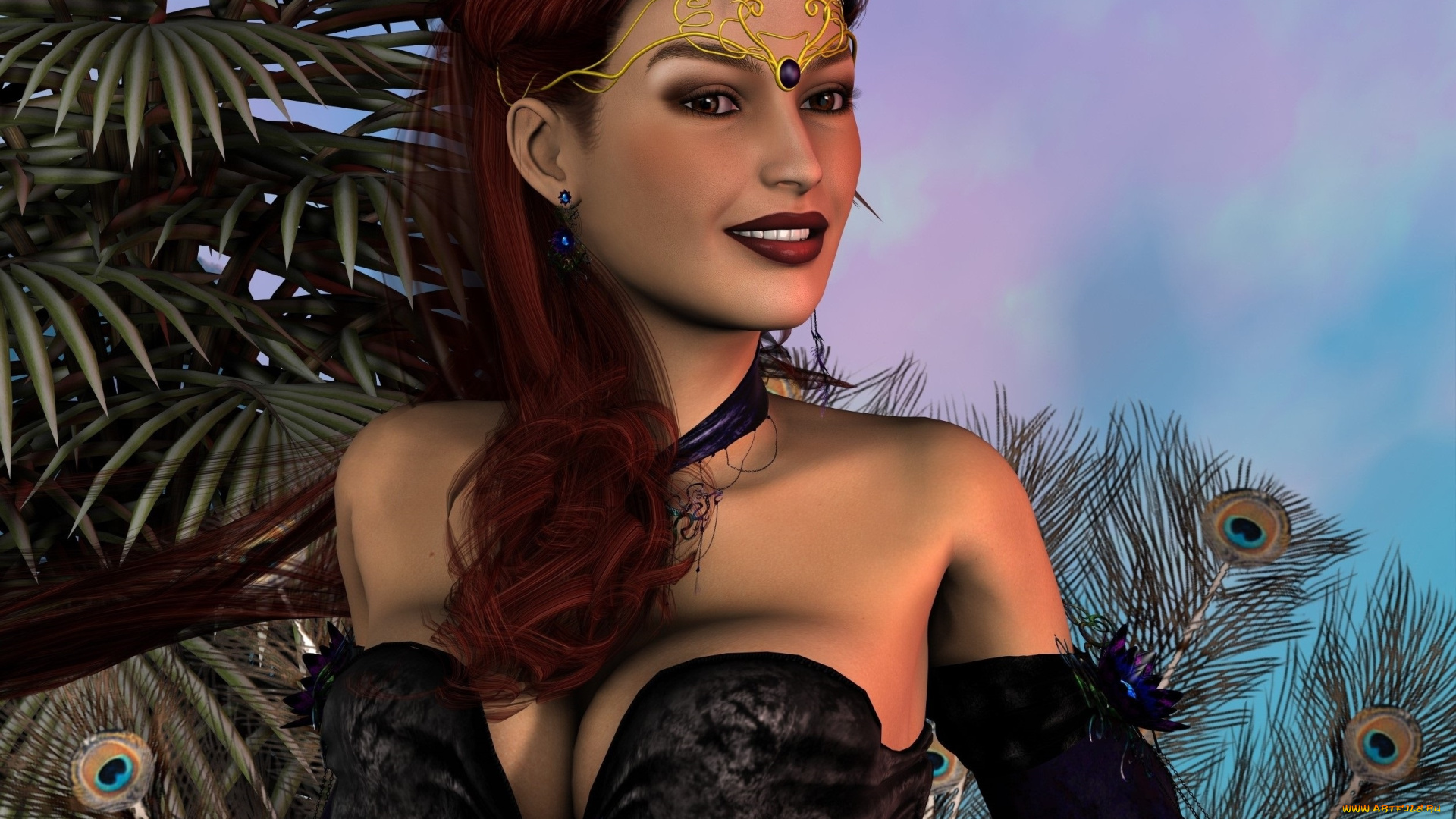 3д, графика, люди, , people, девушка, взгляд, улыбка, перья