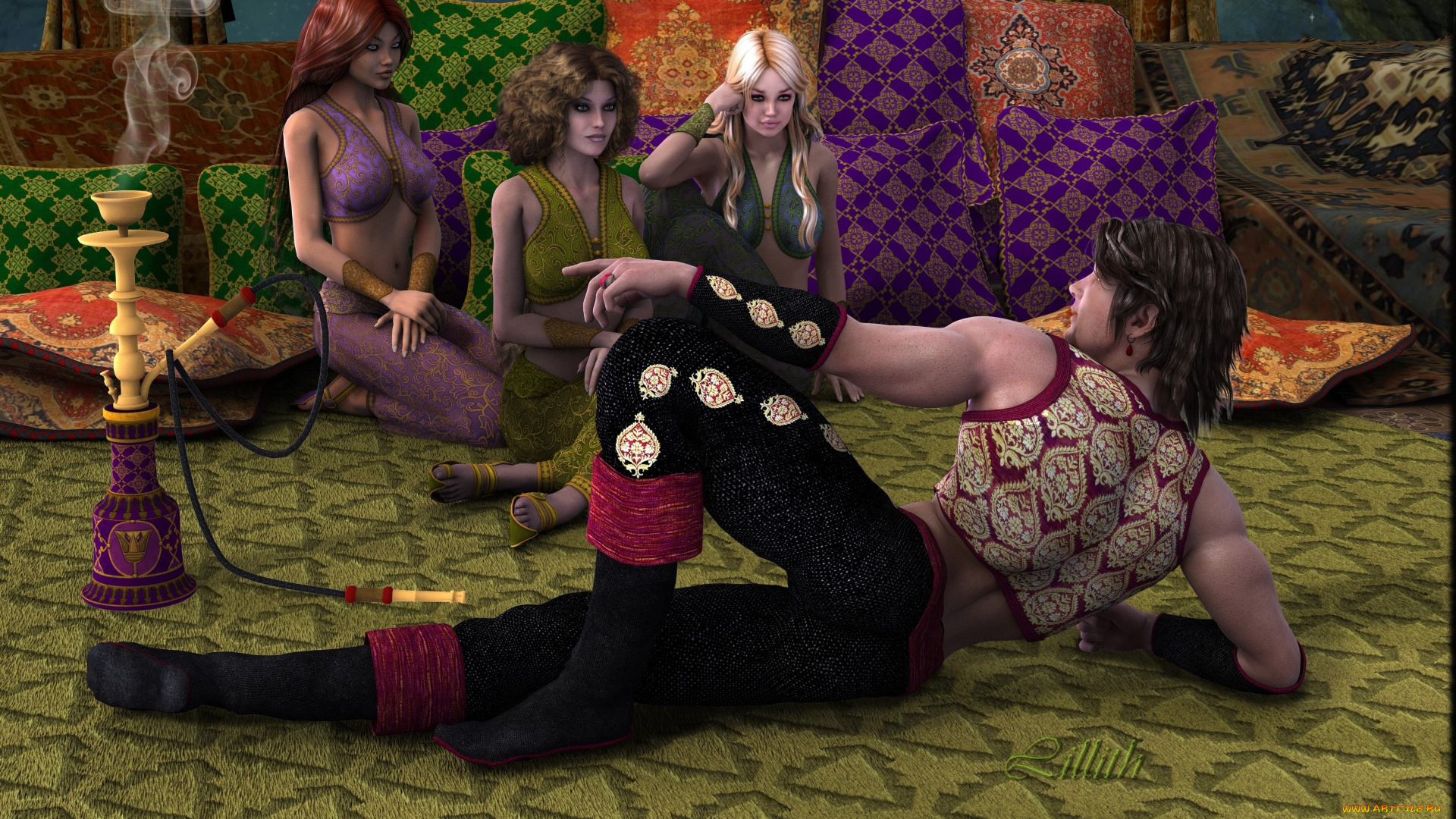 3д, графика, люди, , people, кальян, подушки, мужчина, девушки