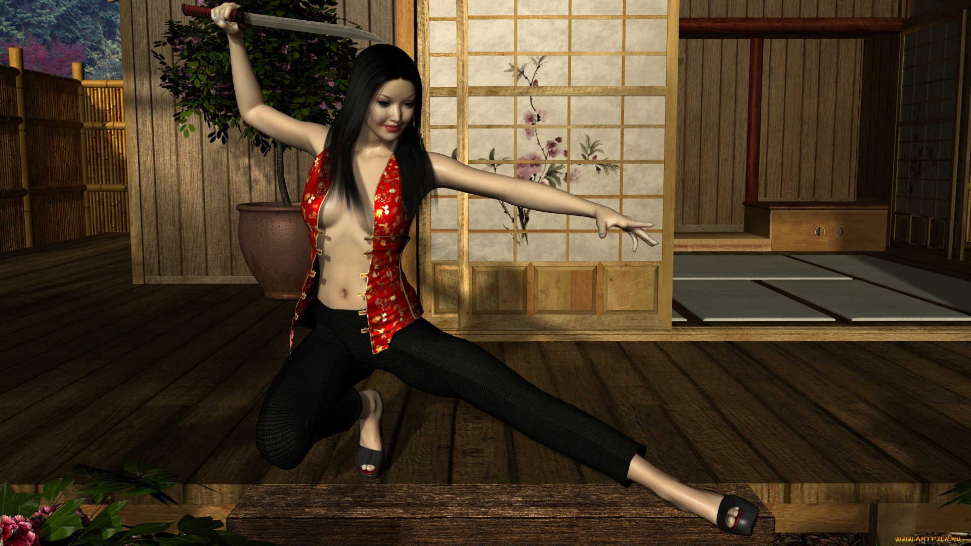 3д, графика, люди, , people, меч, цветы, взгляд, девушка