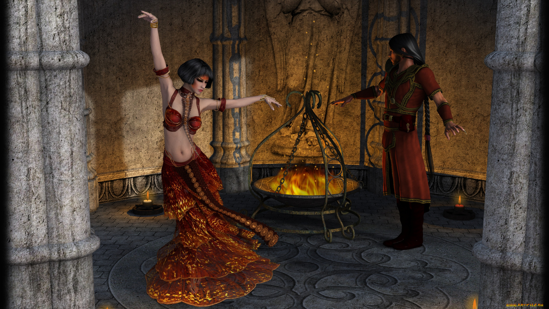 3д, графика, люди, , people, мужчина, девушка, огонь, танец, свечи