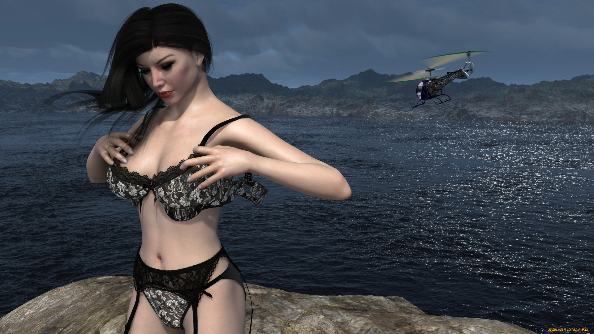 3д, графика, люди, , people, взгляд, море, вертолет, девушка