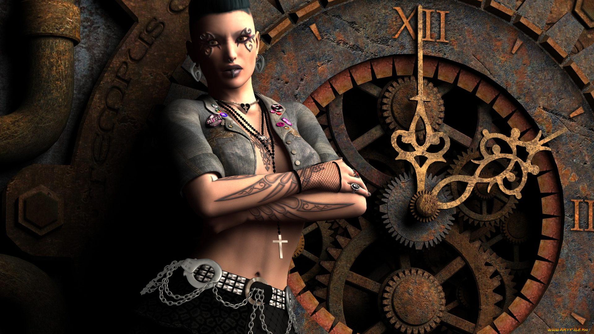 3д, графика, люди, , people, взгляд, тату, девушка, стрелки, часы