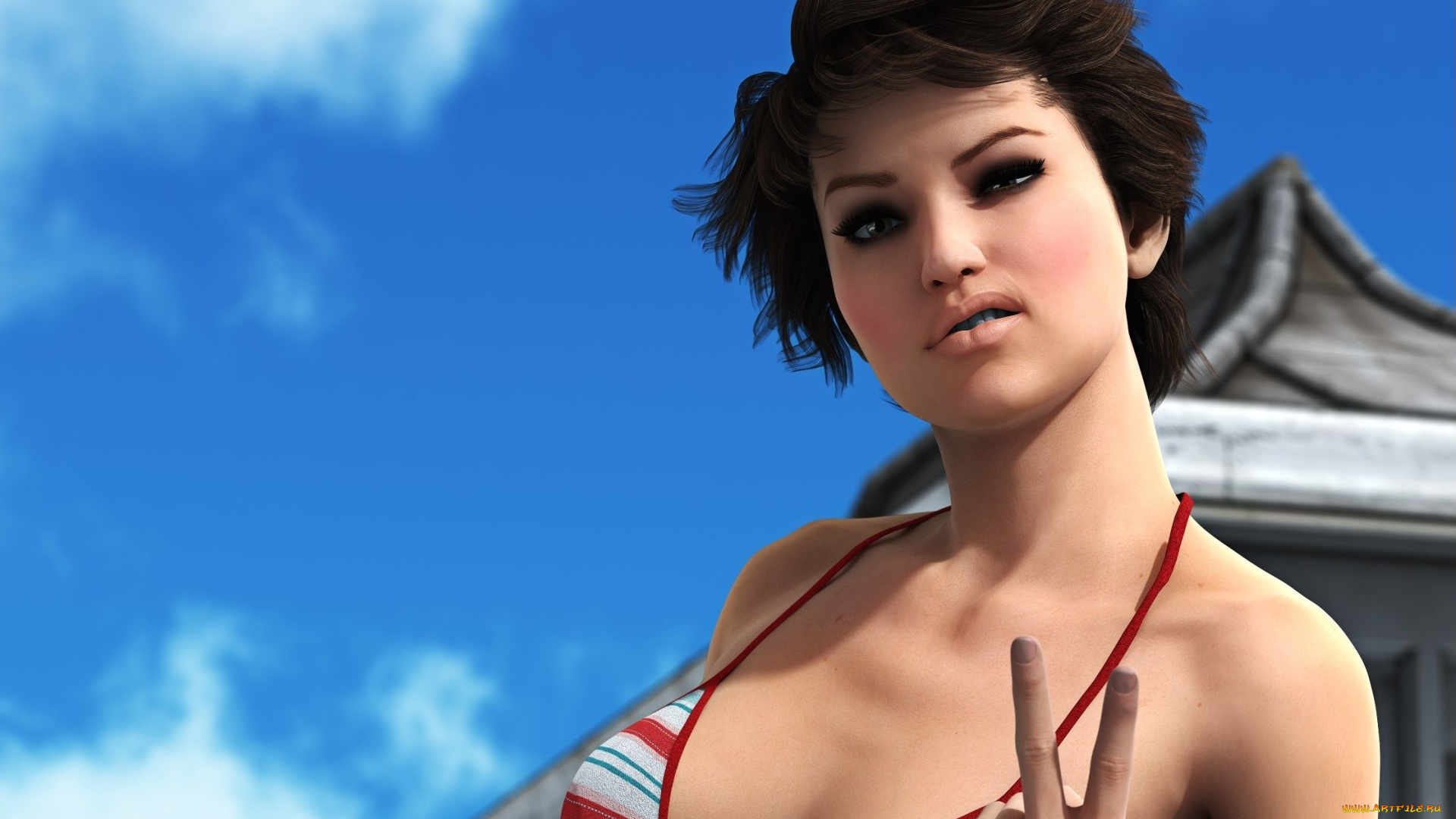 3д, графика, портрет, , portraits, девушка, взгляд, жест, облака