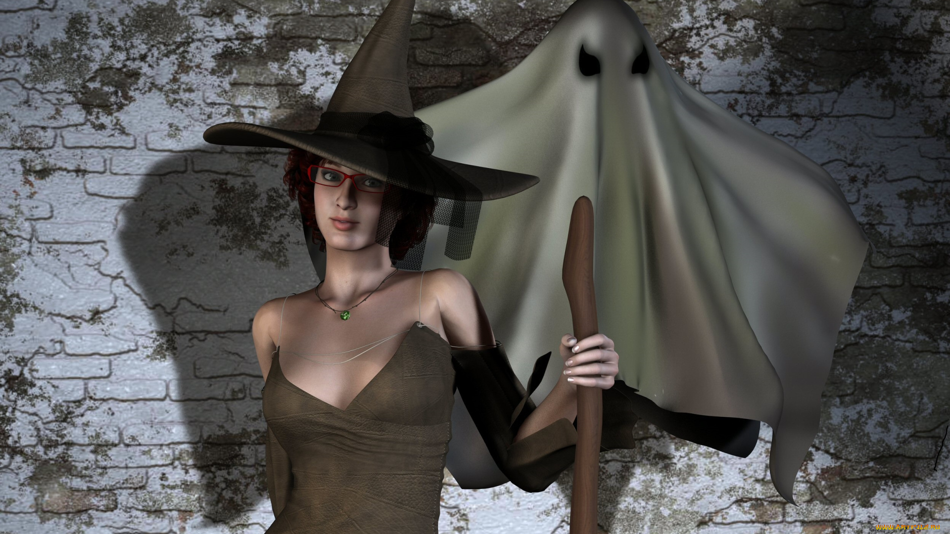 3д, графика, праздники, , holidays, девушка, взгляд, шляпа, посох, привидения, стена