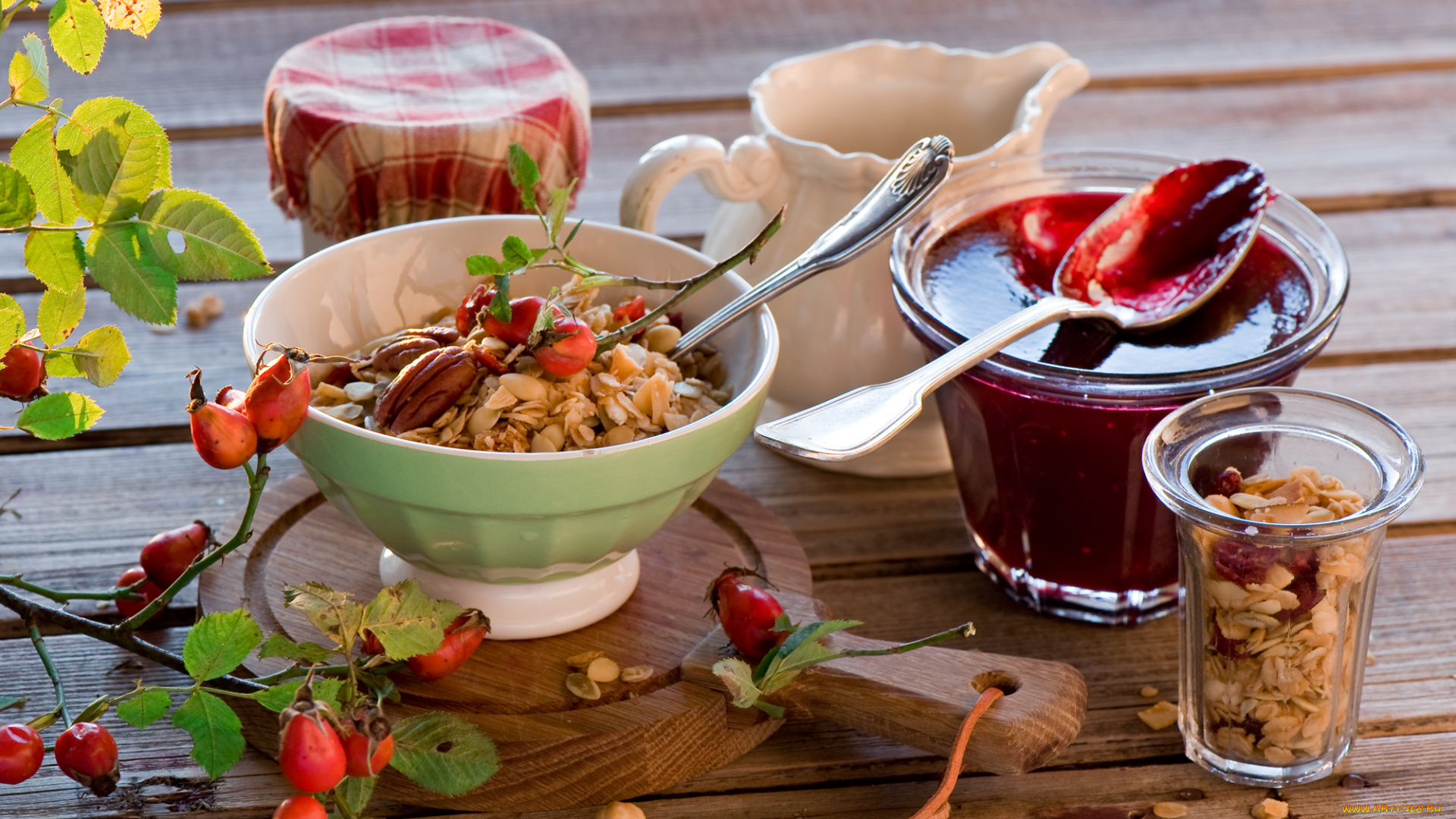 еда, разное, натюрморт, завтрак, джем, шиповник, мюсли