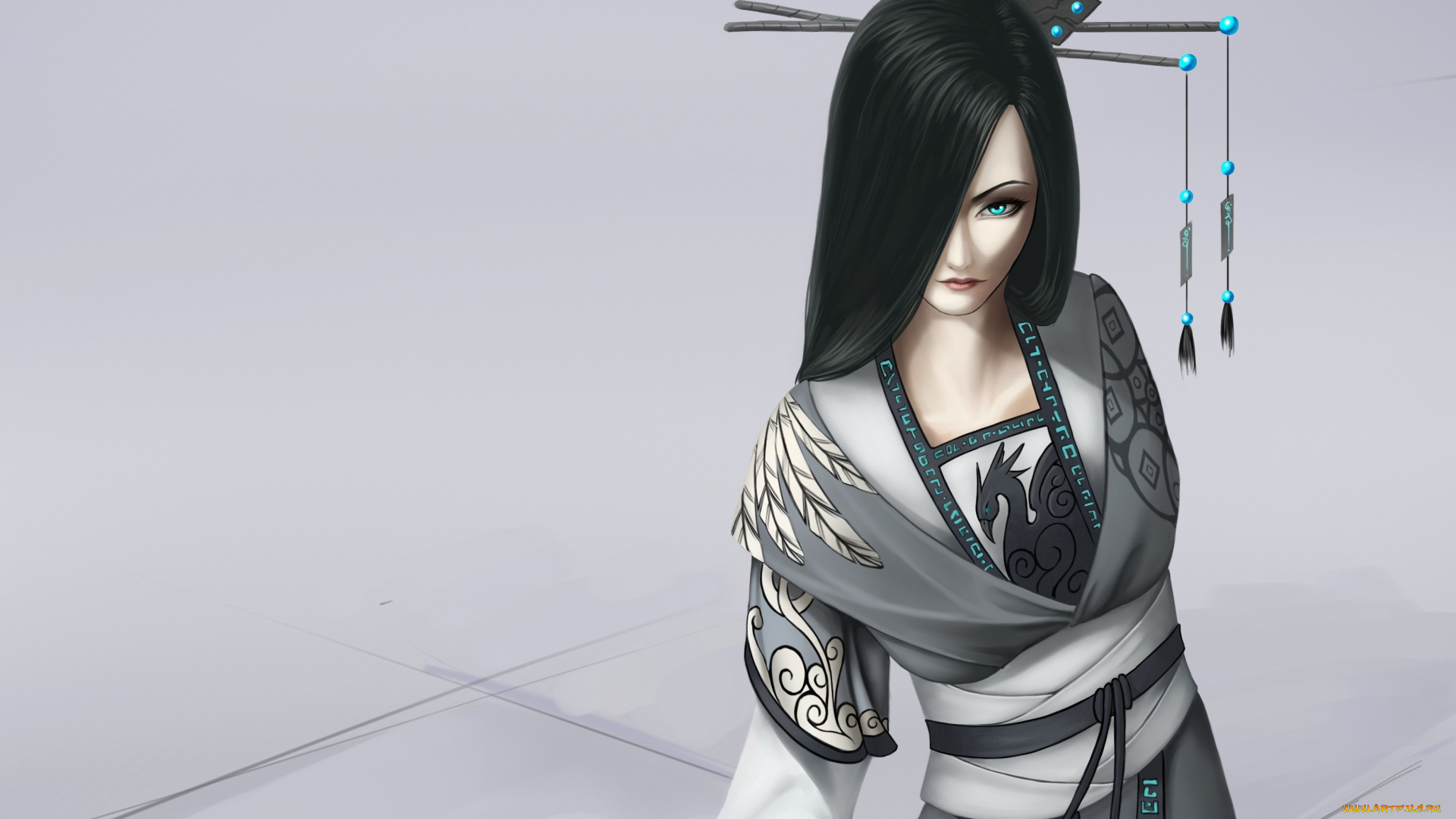 фэнтези, девушки, forgotten-wings, арт, заколка, волосы, серый, фон, наряд, девушка, кимоно