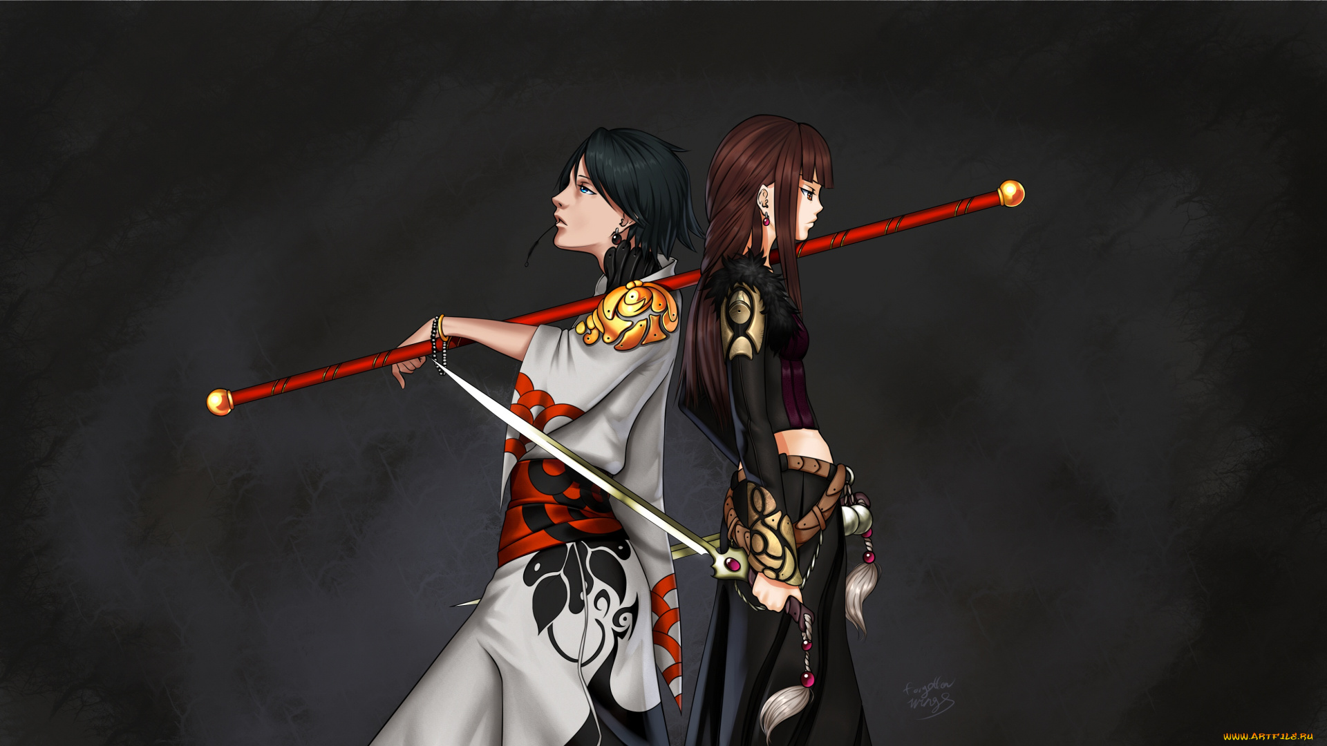 фэнтези, девушки, меч, фон, посох, кимоно, арт, forgotten-wings