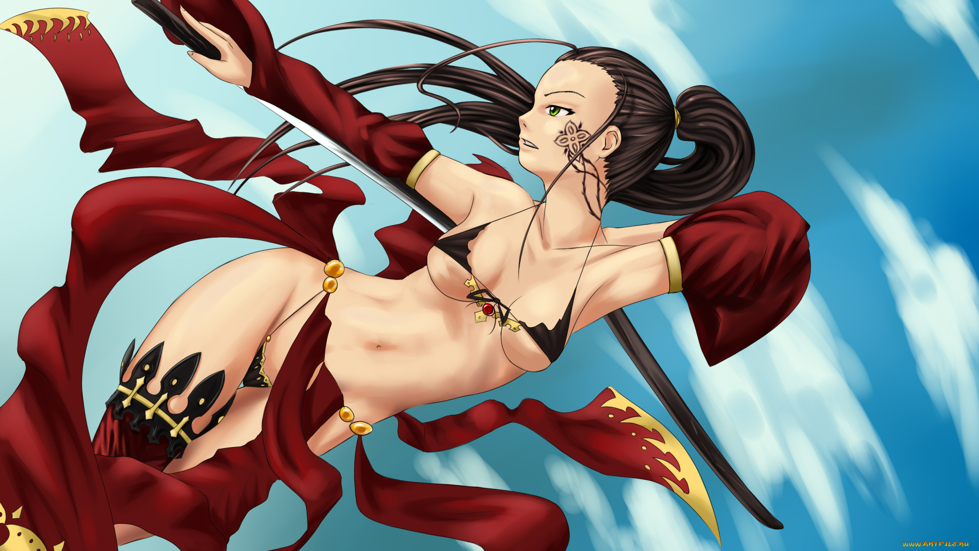 фэнтези, девушки, полет, меч, оружие, грудь, тату, forgotten-wings, art, лифчик, злость, взгляд, девушка