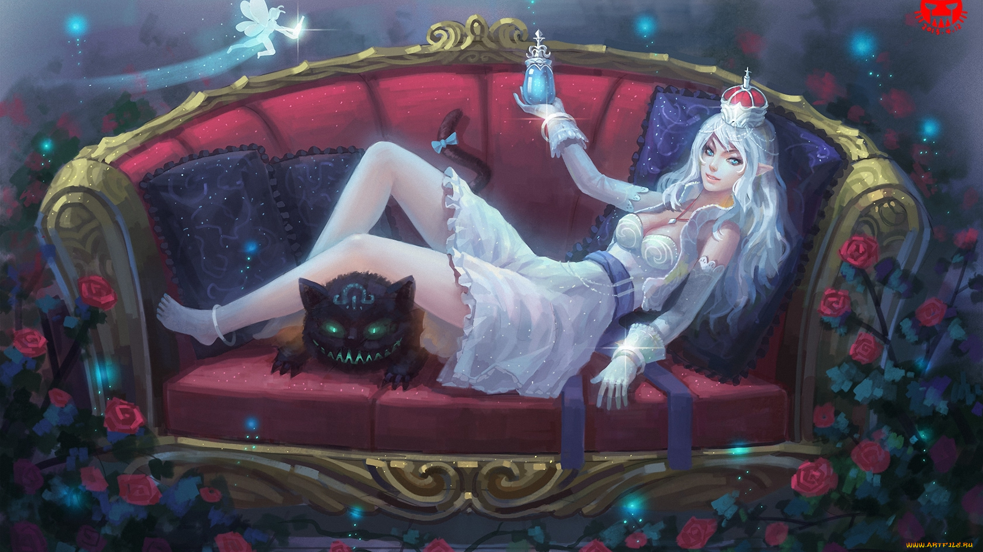 фэнтези, эльфы, эльф, фея, кот, цветы, диван, девушка