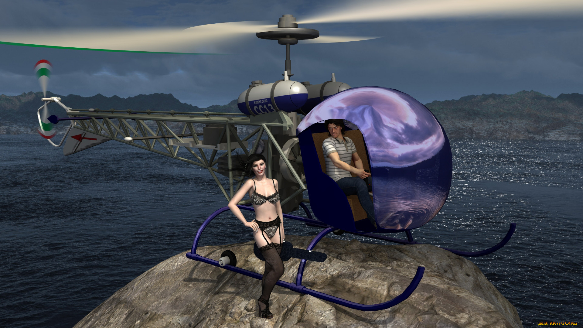 krystiana, 3д, графика, люди, , people, вертолет, девушка, море, взгляд