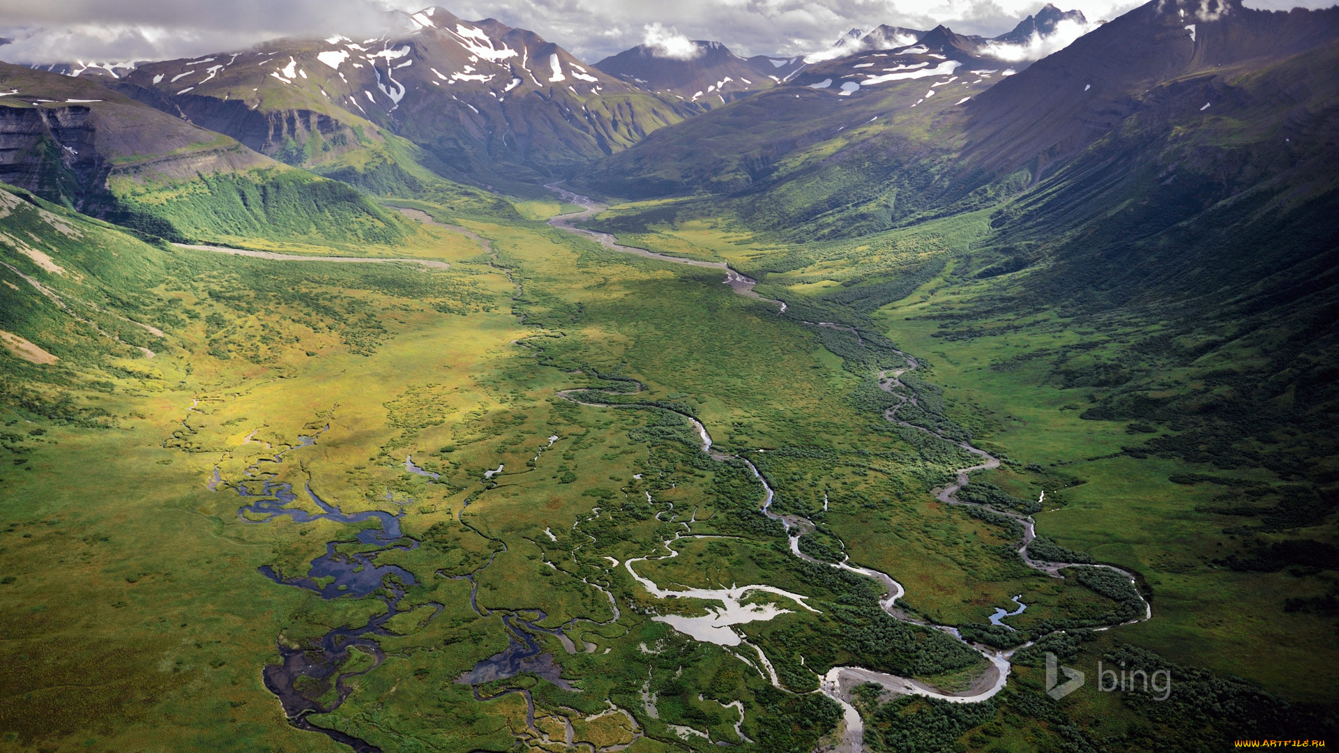 природа, горы, река, долина, снег