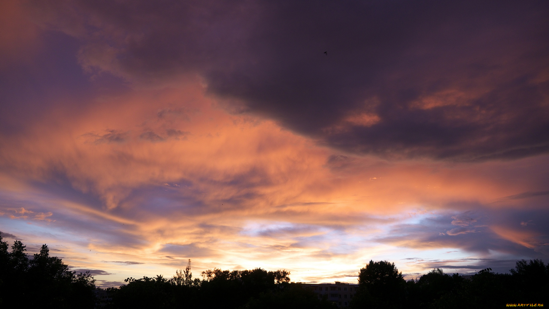 природа, облака, тучи, город, закат