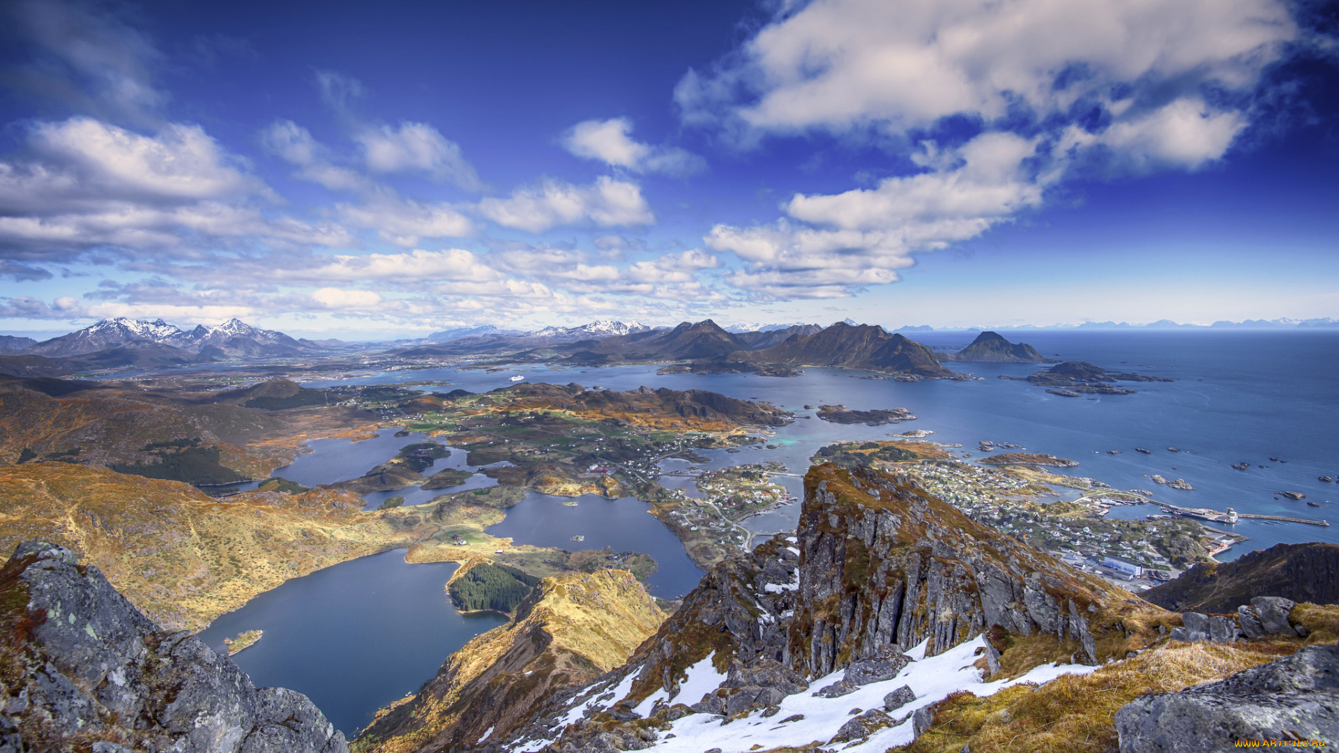 природа, побережье, остров, облака, море, небо, скалы, снег, горы