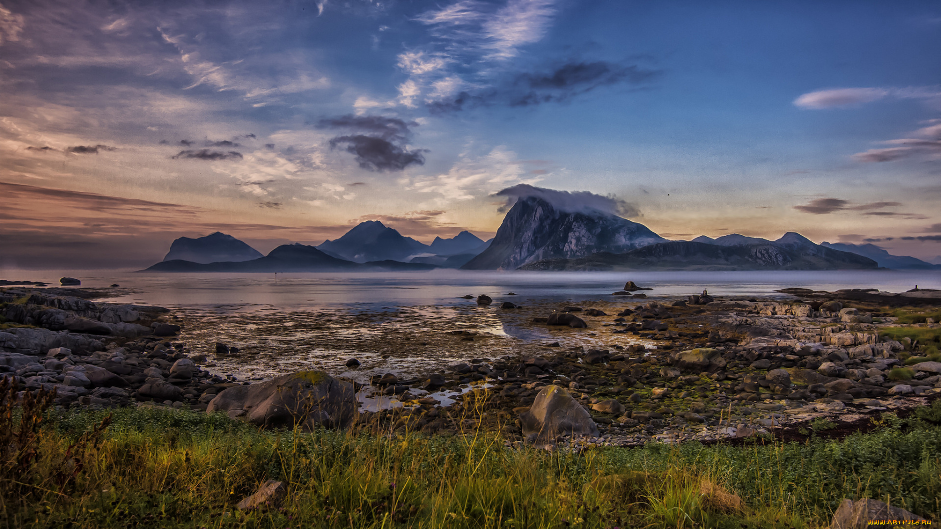 природа, побережье, тучи, залив, горы