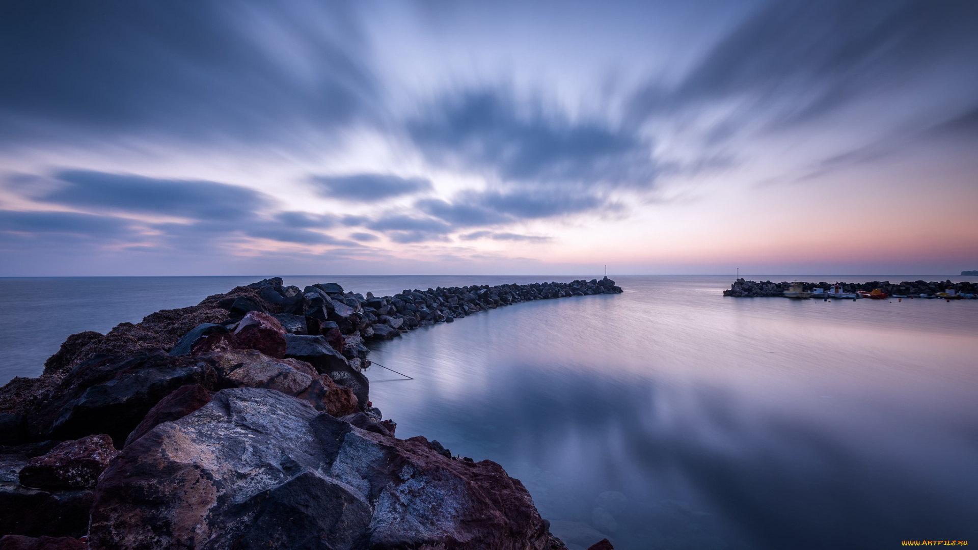 природа, побережье, вечер, тучи, камни, дамба, море, небо