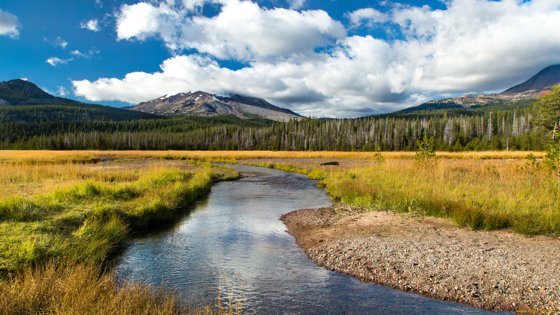 природа, реки, озера, облака, пейзаж, трава, небо, вода