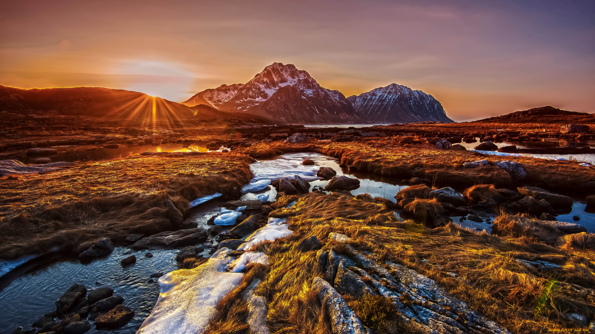 природа, восходы, закаты, солнце, ручей, горы