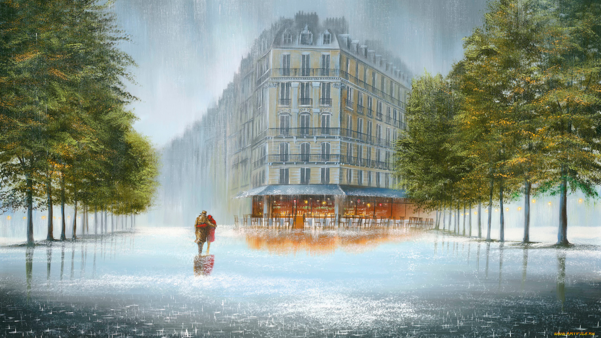 рисованные, живопись, дождь, картина, jeff, rowland, boulevard, embrace