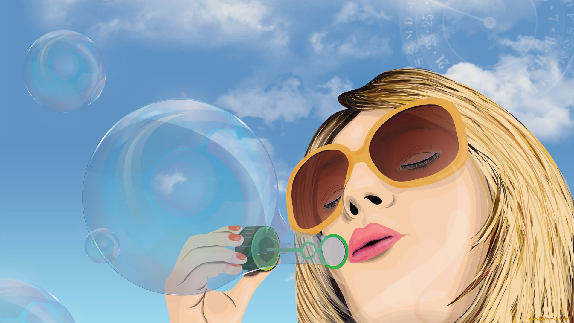 векторная, графика, девушки, пузыри, взгляд, девушка