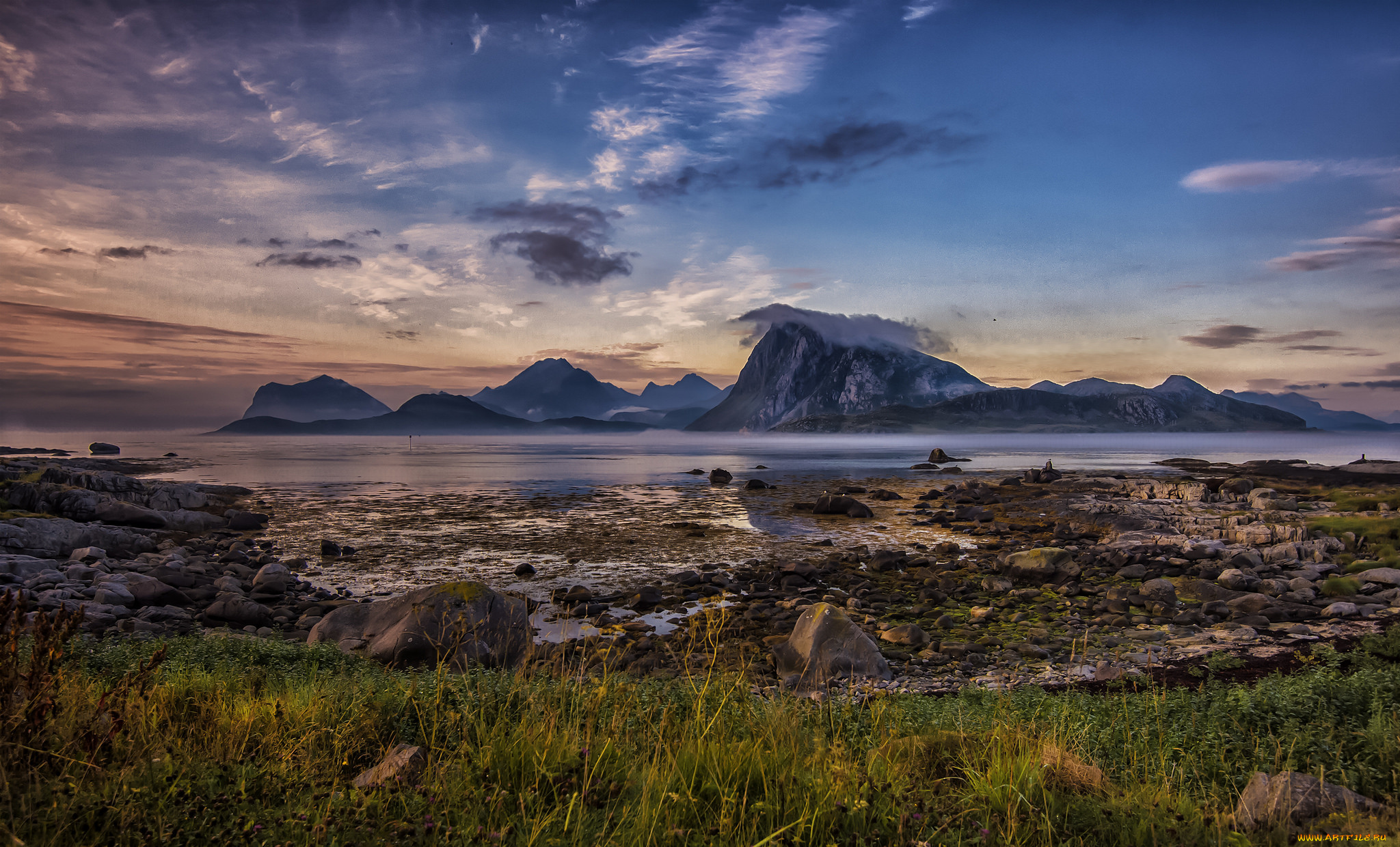 природа, побережье, тучи, залив, горы