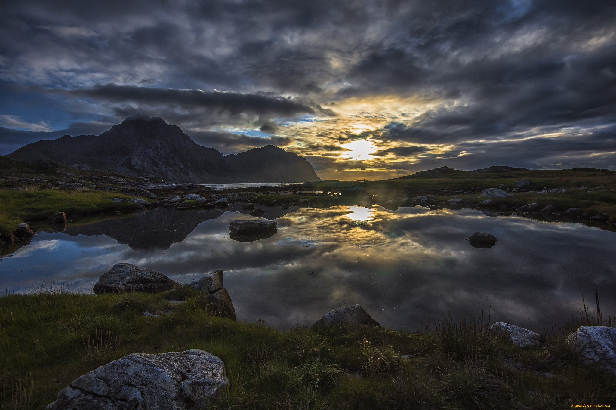 природа, восходы, закаты, горы, озеро, тучи, свет