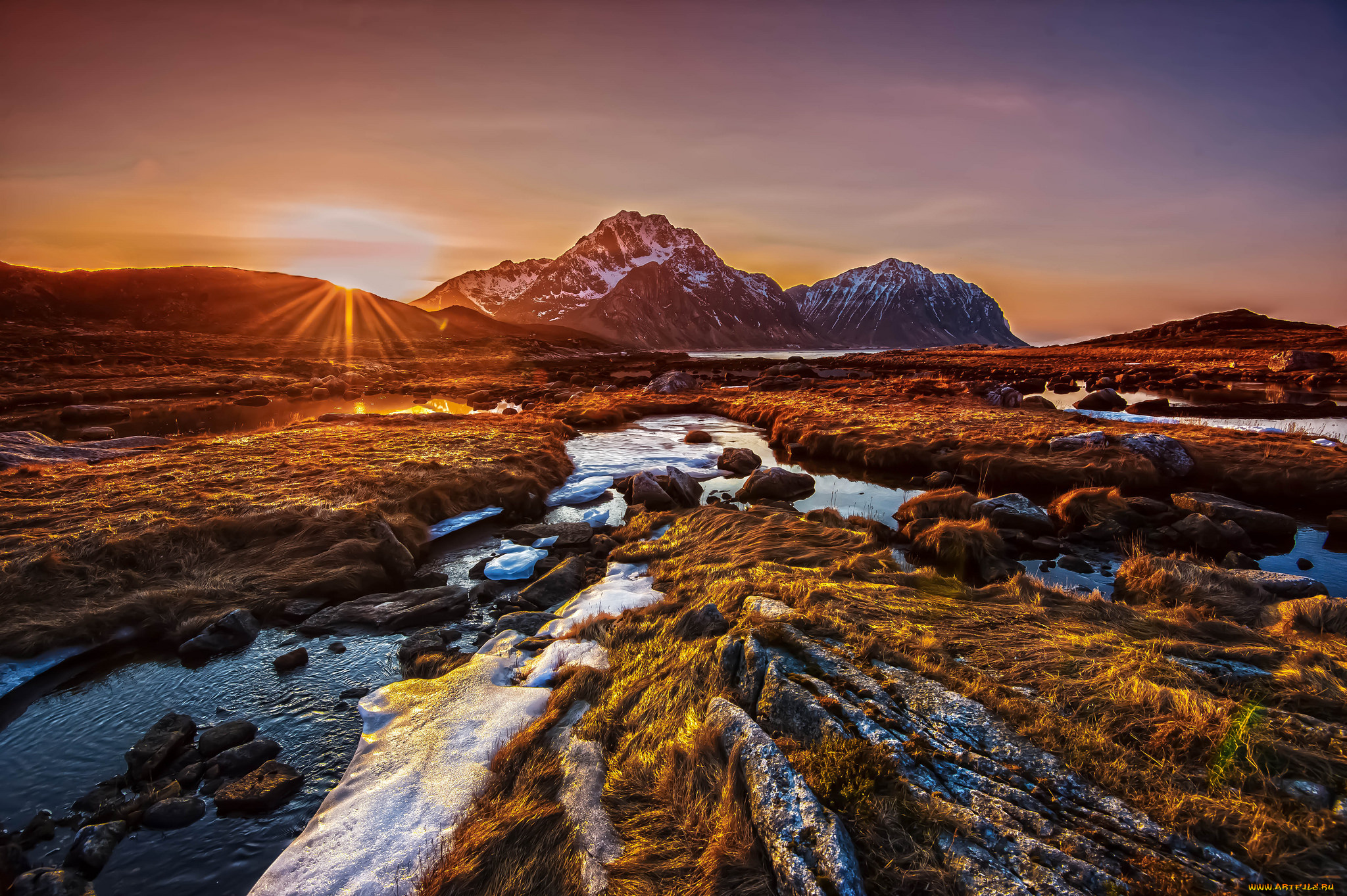 природа, восходы, закаты, солнце, ручей, горы